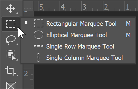 Snapshot of changing to other Marquee tools by clicking on the arrow in the Tools panel.