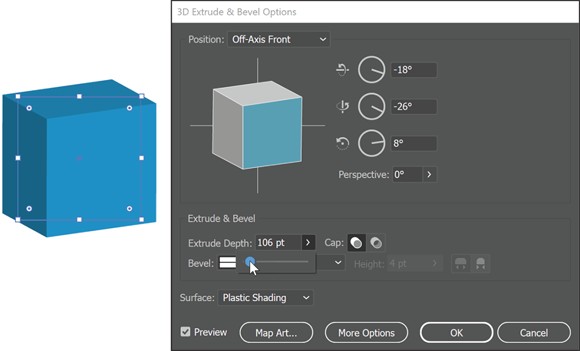 Snapshot of the Extrude & Bevel Options dialog box.