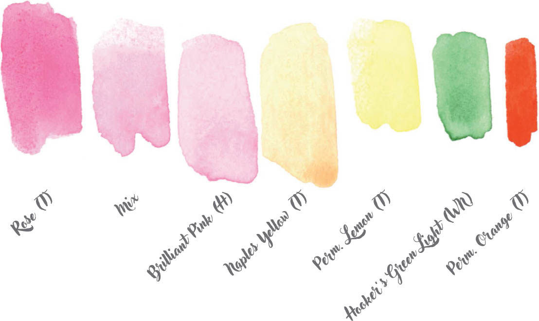 Rose (T) Mix Brilliant Pink (H) Naples Yellow (T) Perm. Lemon (T) Hooker’s Green Light (WN) Perm. Orange (T)