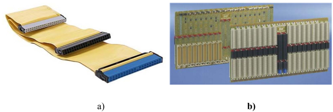 Photos depict ribbon-cable I/O bus (IDE) and a backplane bus.