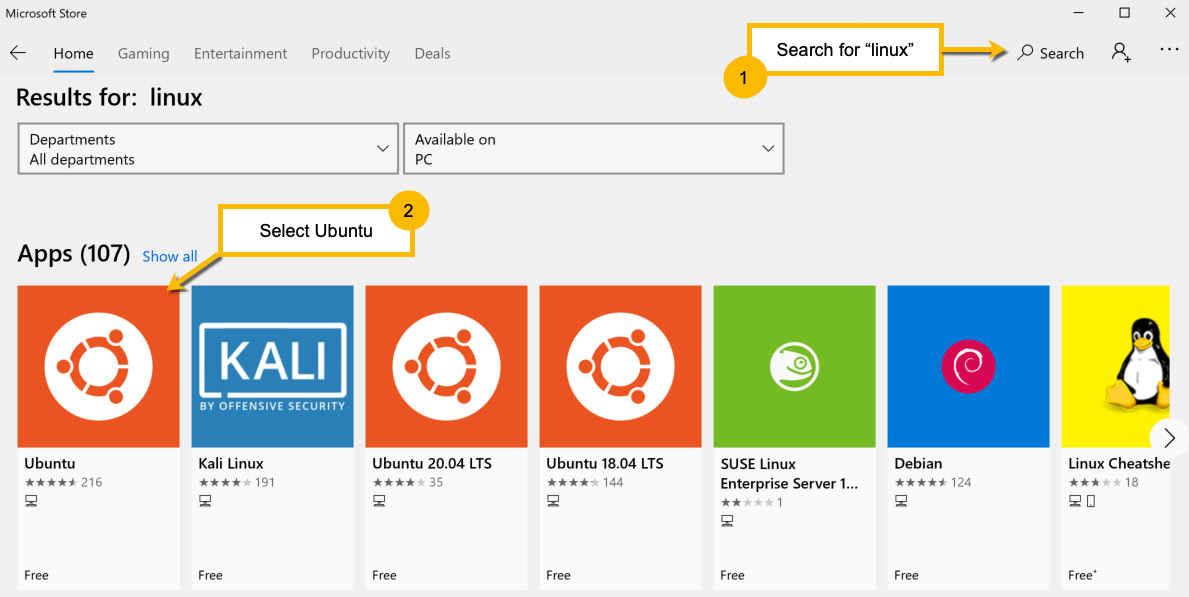 Figure 1.20 – Searching for Linux distro apps in the Microsoft Store