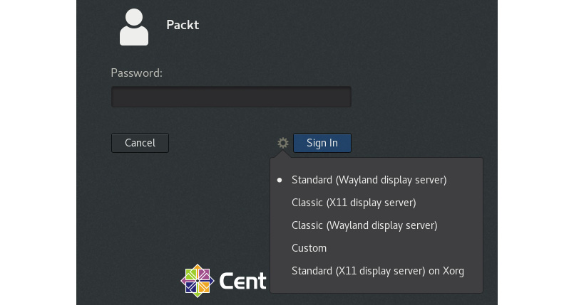 Figure 1.24 – The default CentOS 8 GNOME login screen