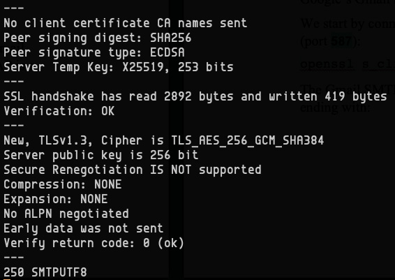 Figure 7.25 – Initial TLS handshake with a Gmail SMTP server