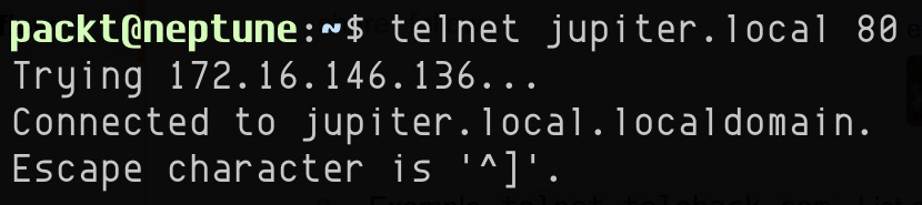 Figure 7.31 – Connecting with TELNET to a remote web server