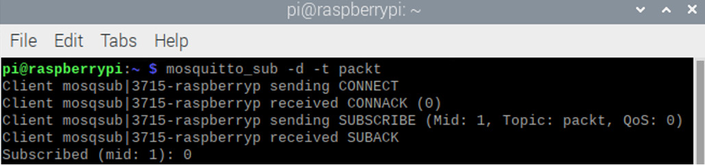 Figure 10.11 – Start subscribing to Mosquitto with the topic packt
