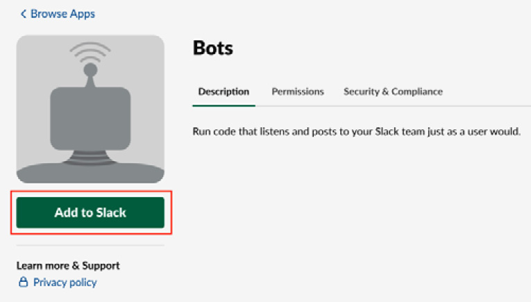 Figure 12.29 – Add the Bots app to your workspace
