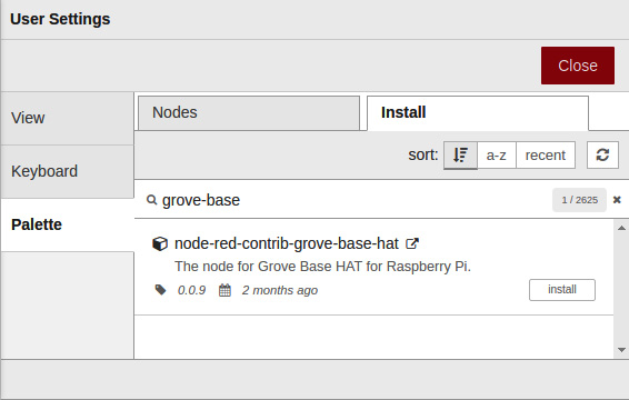 Figure 5.16 – Installing the node-red-contrib-grove-base-hat node
