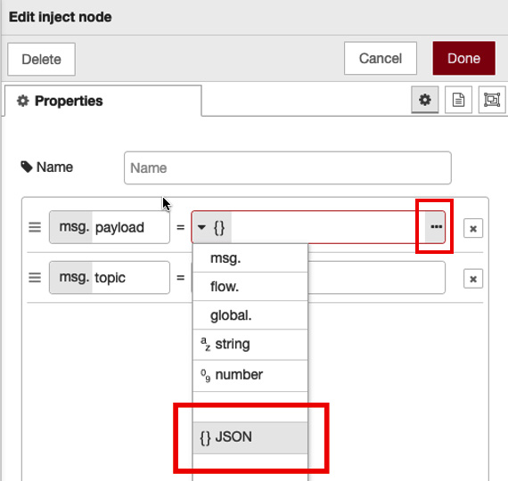 Figure 6.32 – JSON on the first parameter of the inject node
