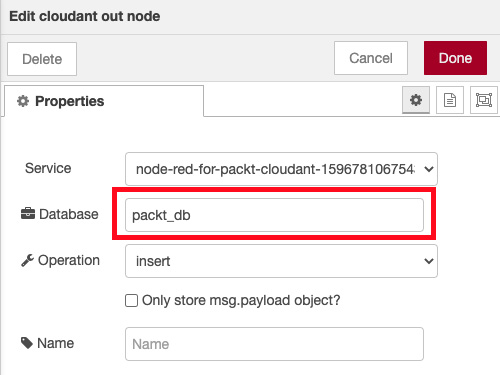 Figure 6.34 – Setting the database name on the cloudant out node
