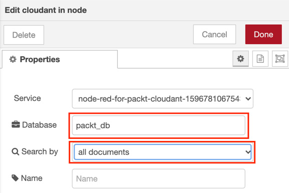 Figure 6.37 – Setting the database name and searching for a target on cloudant in the node

