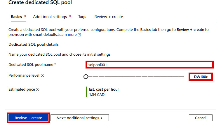 Create dedicated SQL pool- Basics tab