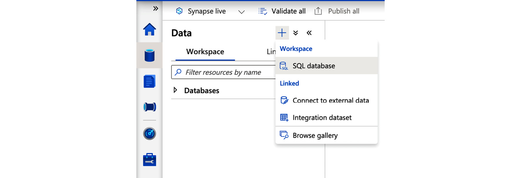 Creating an SQL database in Synapse Studio