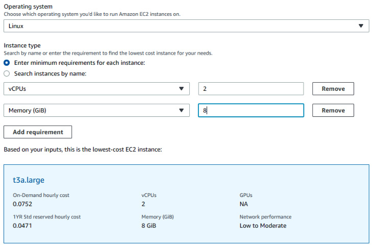 Figure 11.6 – Defining specifications for a VM in the AWS pricing calculator
