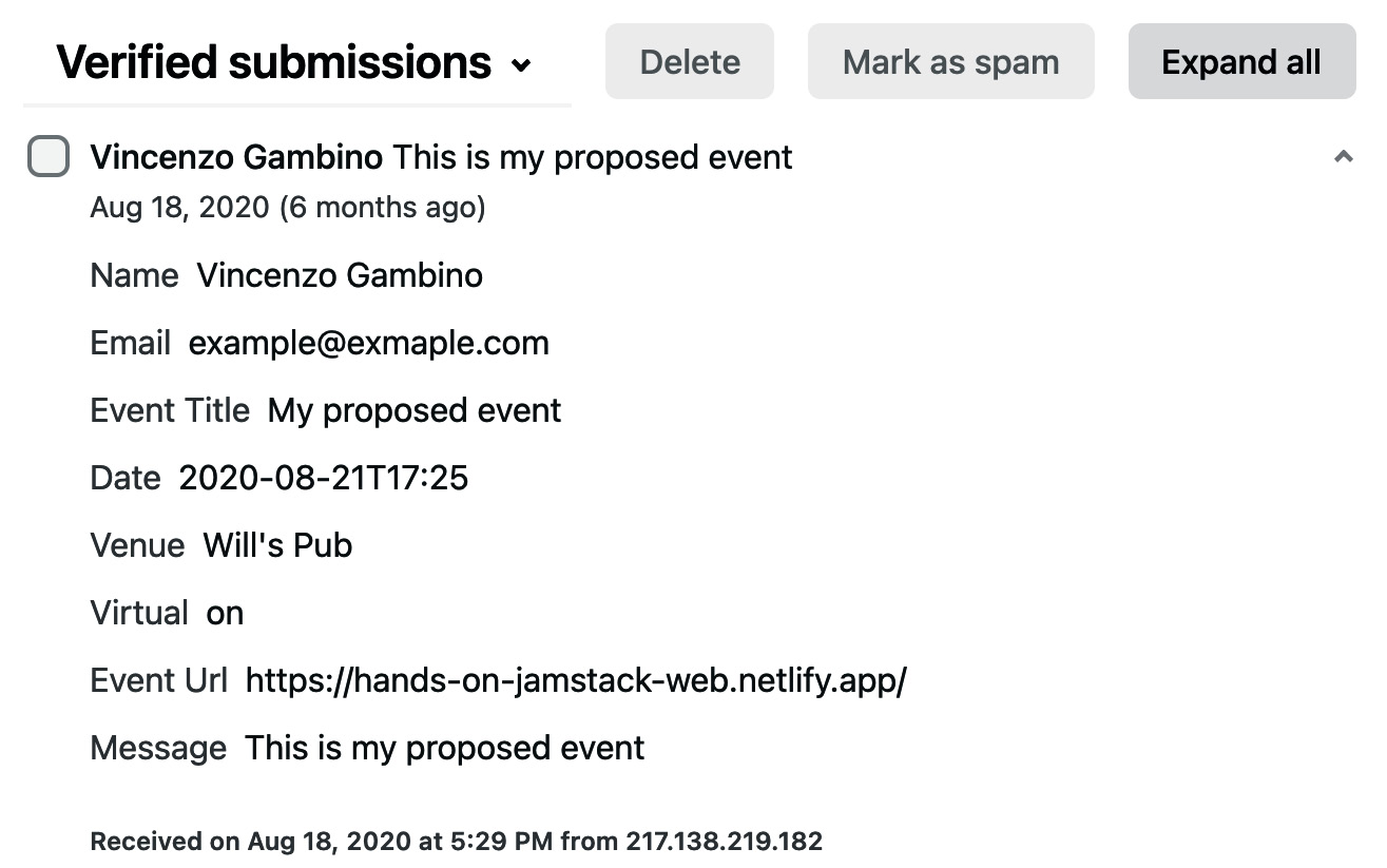 Figure 11.5 – Netlify submissions list
