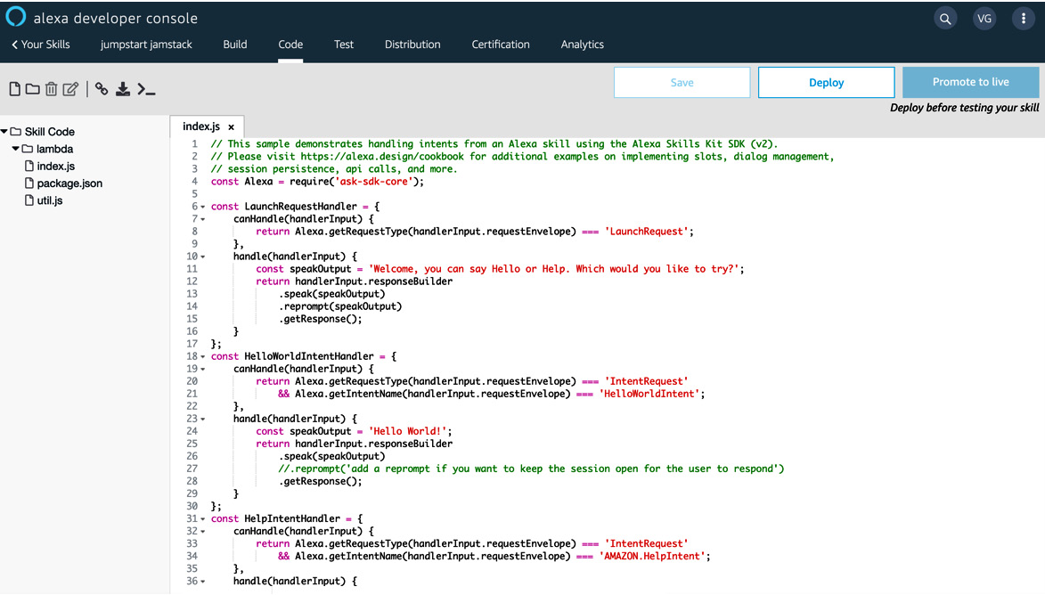 Figure 12.20 – Alexa skill Code page
