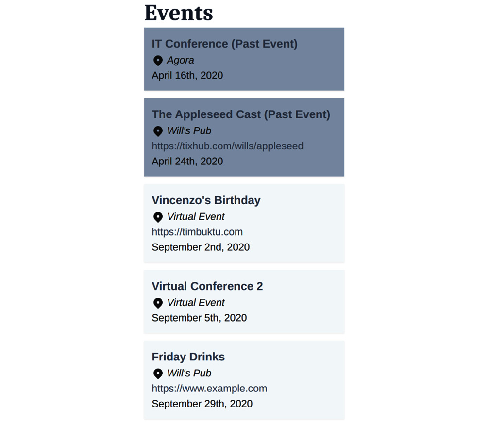 Figure 13.2 – The list of events styled with Tailwind
