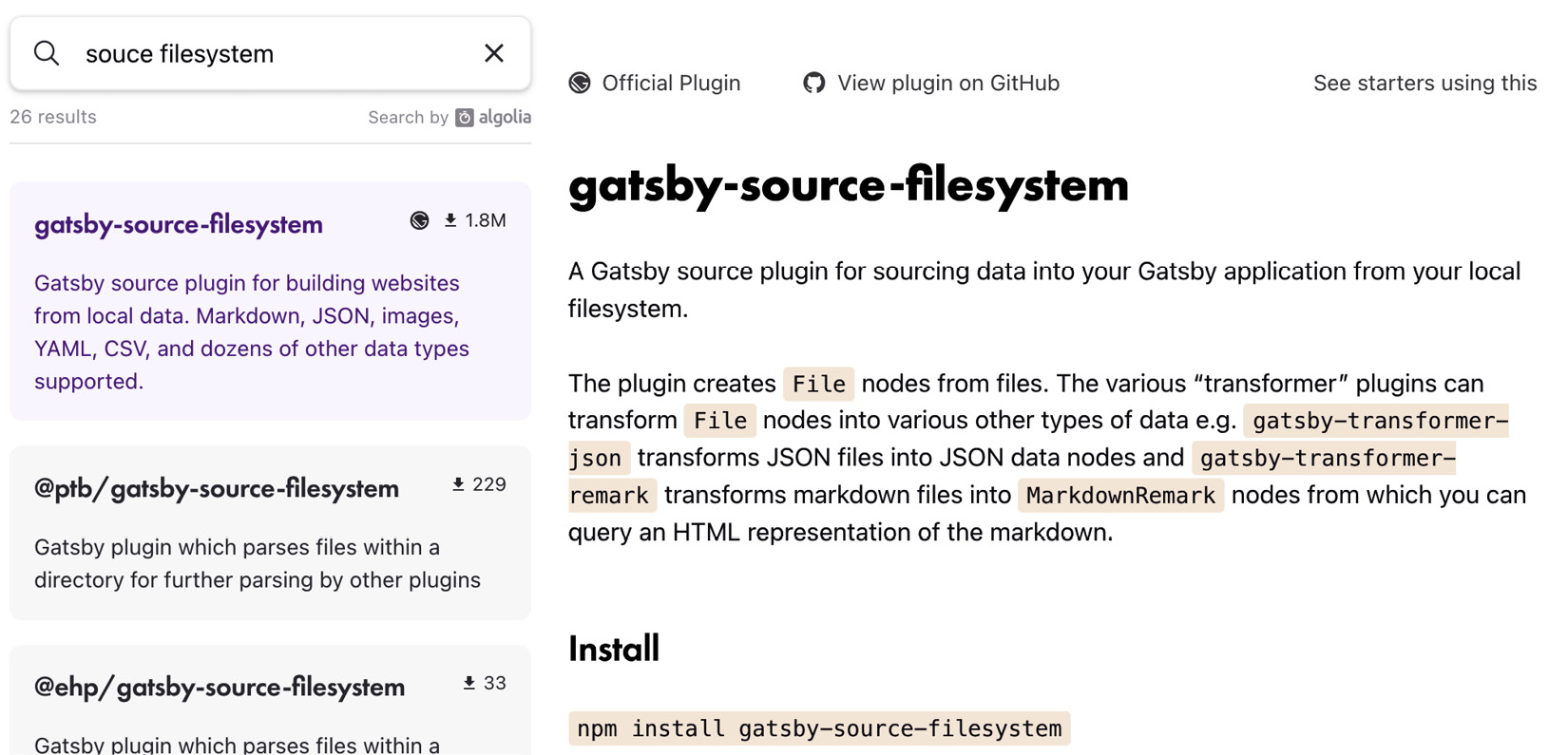 Figure 9.3 – The gatsby-source-filesystem plugin page
