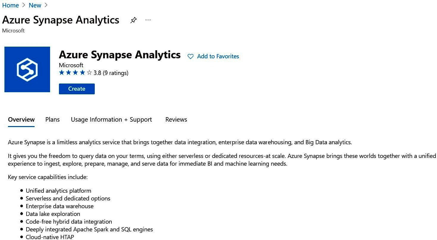 Figure 1.3 – A screenshot of the Azure Synapse Analytics page in Azure Marketplace