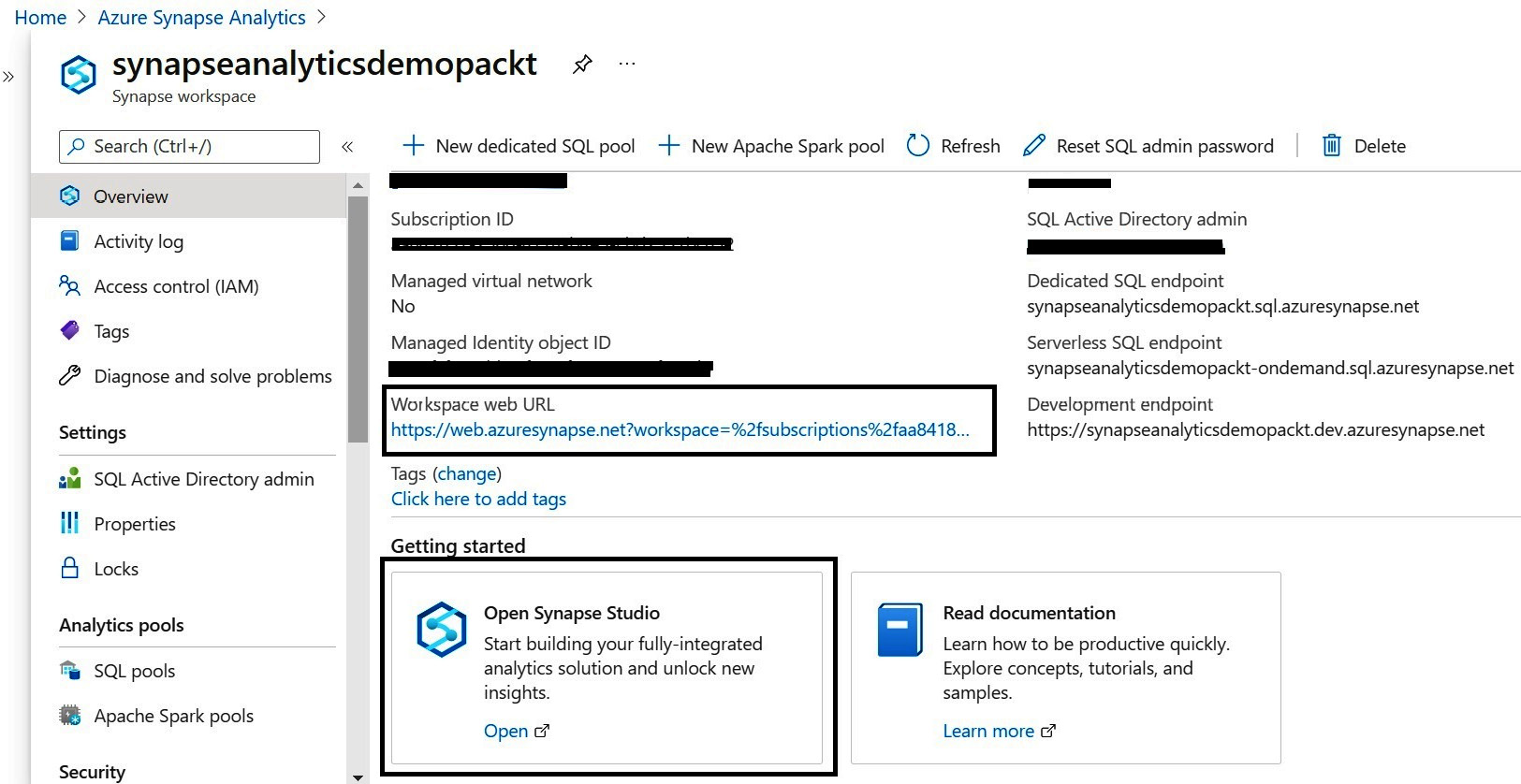 Figure 1.12 – A screenshot of a Synapse workspace in the Azure portal highlighting the links to access Synapse Studio