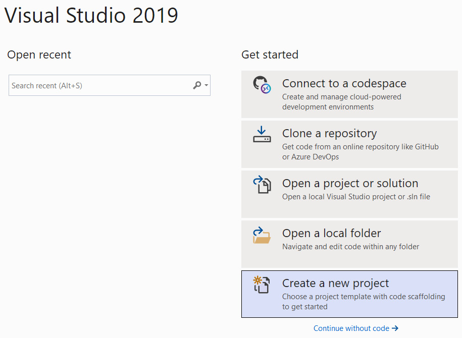 Figure 1.2 – Visual Studio start-up dialog
