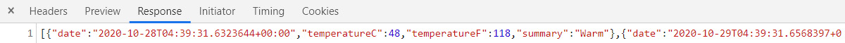 Figure 1.9 – The response body for the weatherforecast endpoint in the browser developer tools
