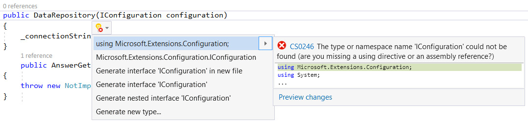 Figure 8.12 – Referencing the Microsoft.Extensions.Configuration namespace
