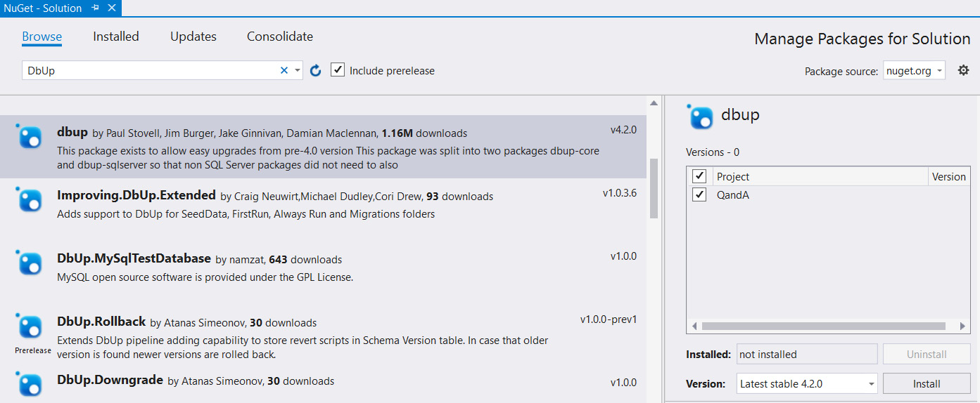 Figure 8.13 – Adding DbUp in NuGet Manager
