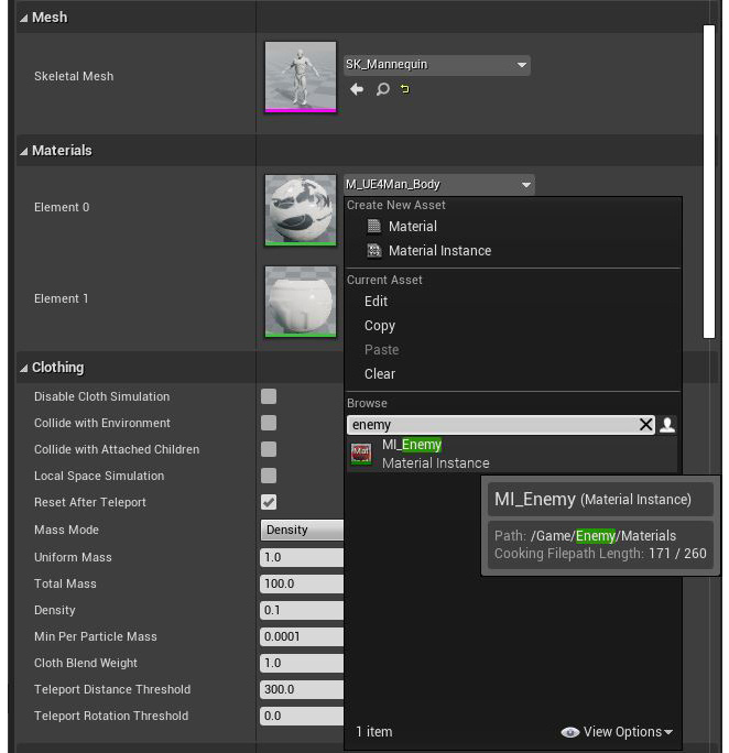 Figure 12.33: Assigning the new Material Instance asset, MI_Enemy, 
to Element 0 of the materials for the Mesh component
