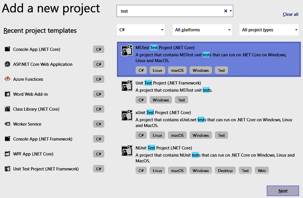 Figure 15.1 – Visual Studio MSTest test Project with .NET Core
