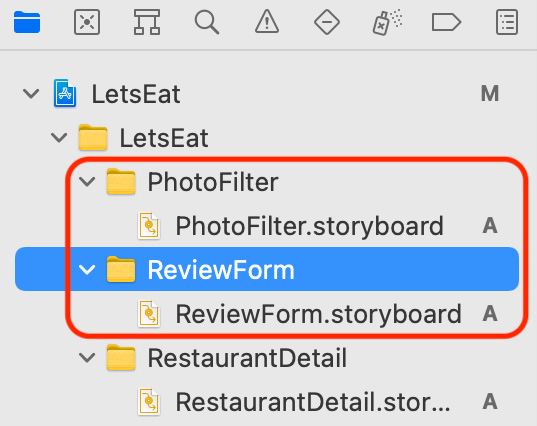 Figure 16.13 – Project navigator showing the PhotoFilter and 
ReviewForm folders and their contents
