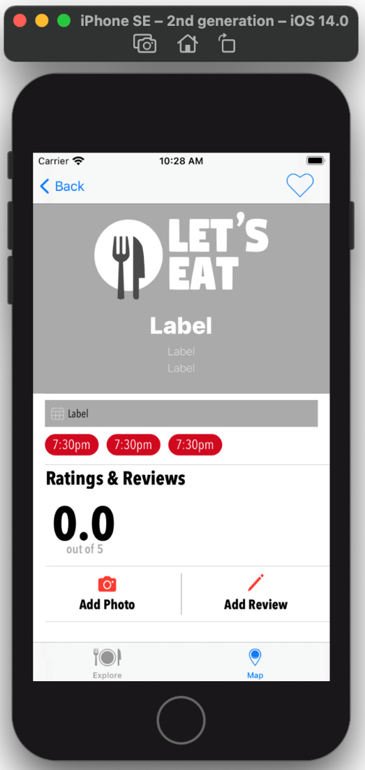 Figure 16.19 – iOS simulator showing the Restaurant Detail screen

