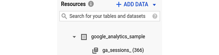 Figure 9.8 – The Google Analytics sample dataset containing the ga_sessions tables

