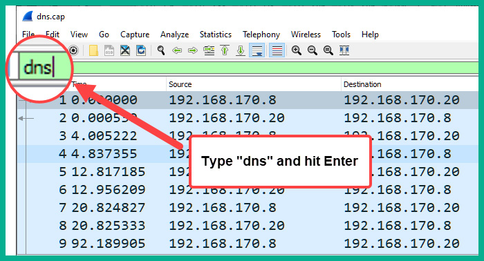Figure 2.10 – Filtering the DNS traffic view on Wireshark
