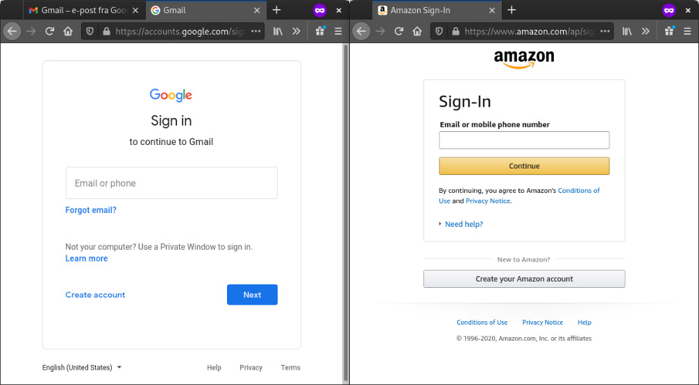 Figure 6.4 – Example from Google and Amazon showing external login pages
