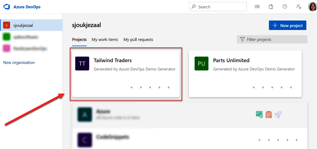 Figure 2.9 – Selecting the Tailwind Traders project in Azure DevOps
