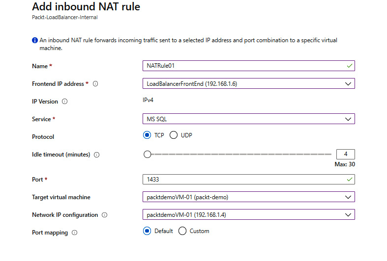 Defining the parameters required to add an inbound NAT rule