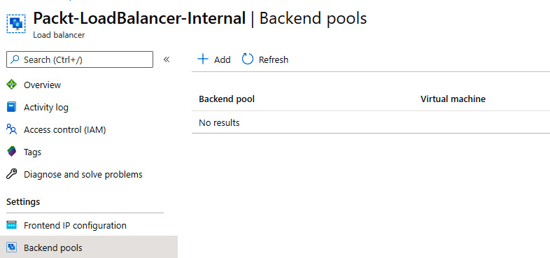 Clicking the Add button in the Load balancer pane to add a new backend pool