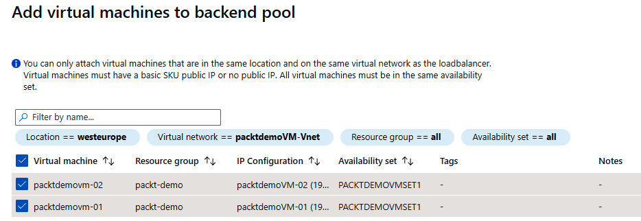 Selecting virtual machines from the new pane to add to the backend pool