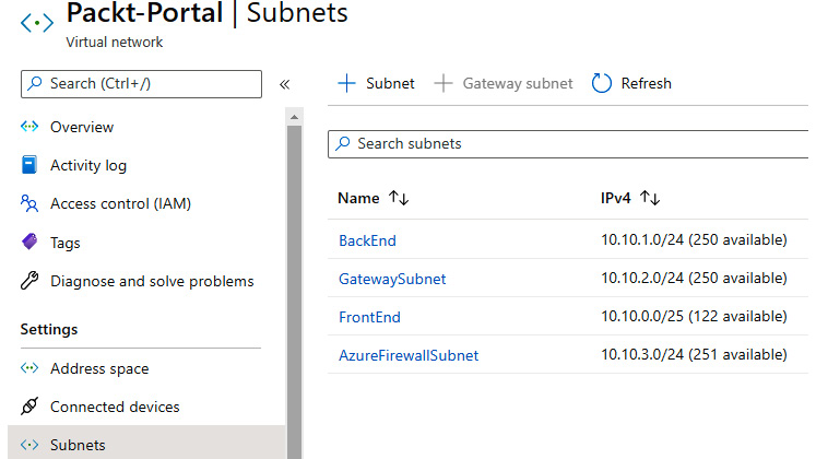 Selecting the Subnet option to add a new subnet