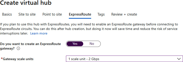 Enabling an ExpressRoute gateway and selecting Gateway scale units in the ExpressRoute pane