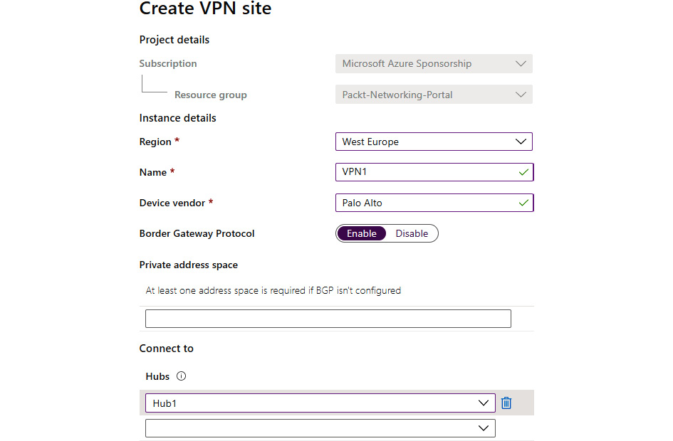 Creating a VPN site by providing various details
