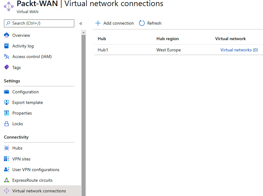 Clicking on Add connection to add a virtual hub