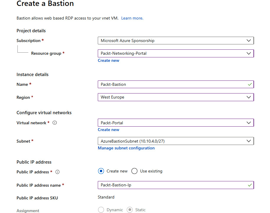 Providing configuration details in the Create a Bastion pane