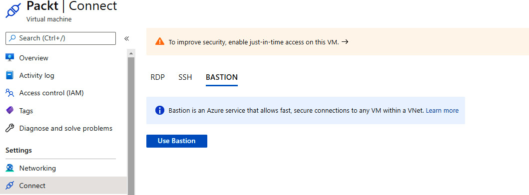 Clicking on Use Bastion to connect your virtual machine with Azure Bastion