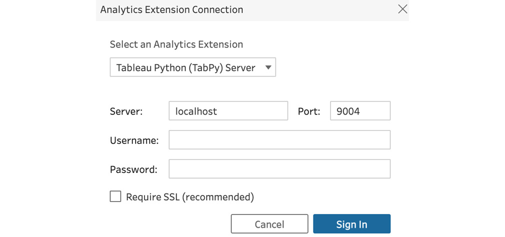 Figure 8.21 – Configure your Tableau Prep connection to the TabPy server
