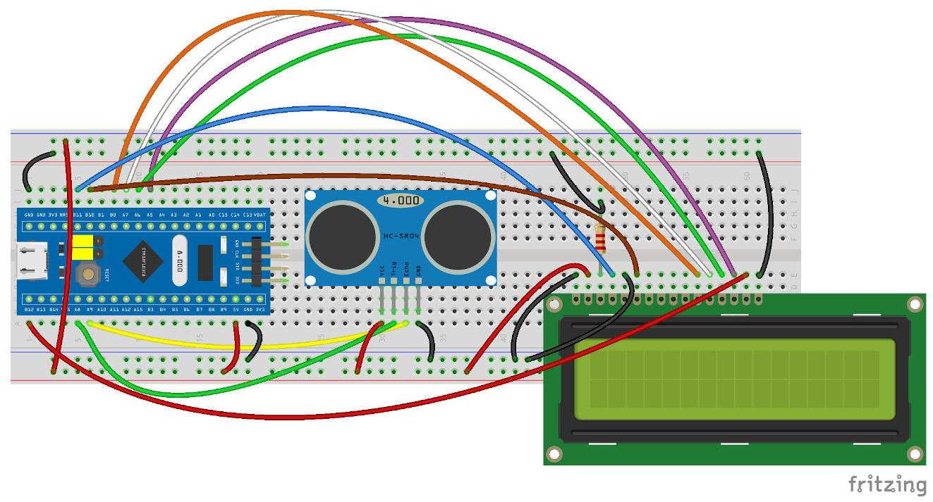 Figure 14.7 – The ultrasonic sensor connected to the Blue Pill microcontroller board