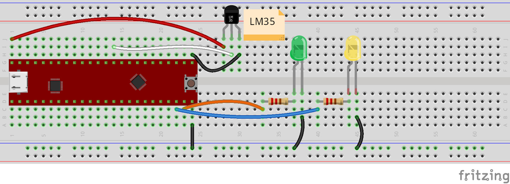 Figure 5.10 – Connecting the LM35 sensor and the LEDs to the Curiosity Nano board