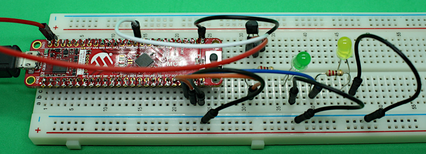 Figure 5.11 – The LM35 sensor connected to the Curiosity Nano board