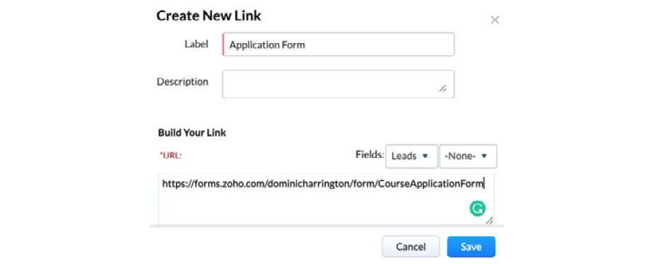 Figure 10.14 – Creating a new link to our form for a CRM user to complete
