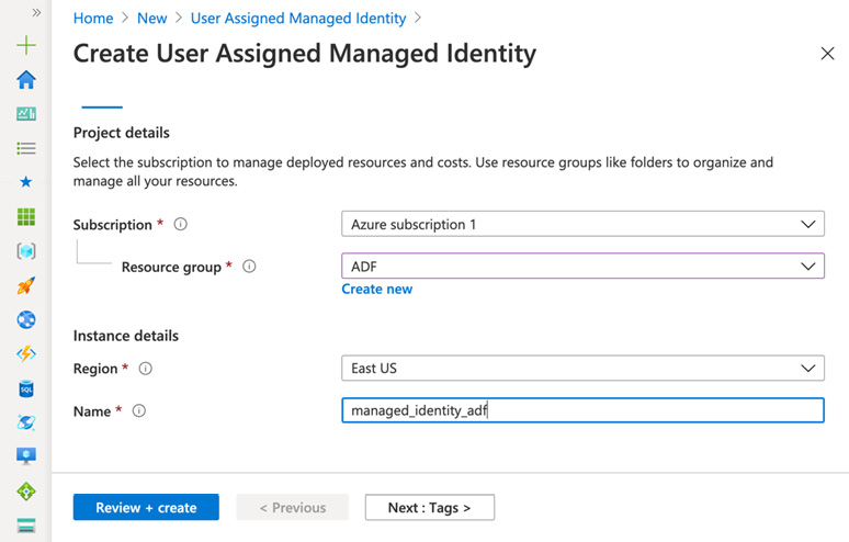 Figure 5.1 – Create User Assigned Managed Identity
